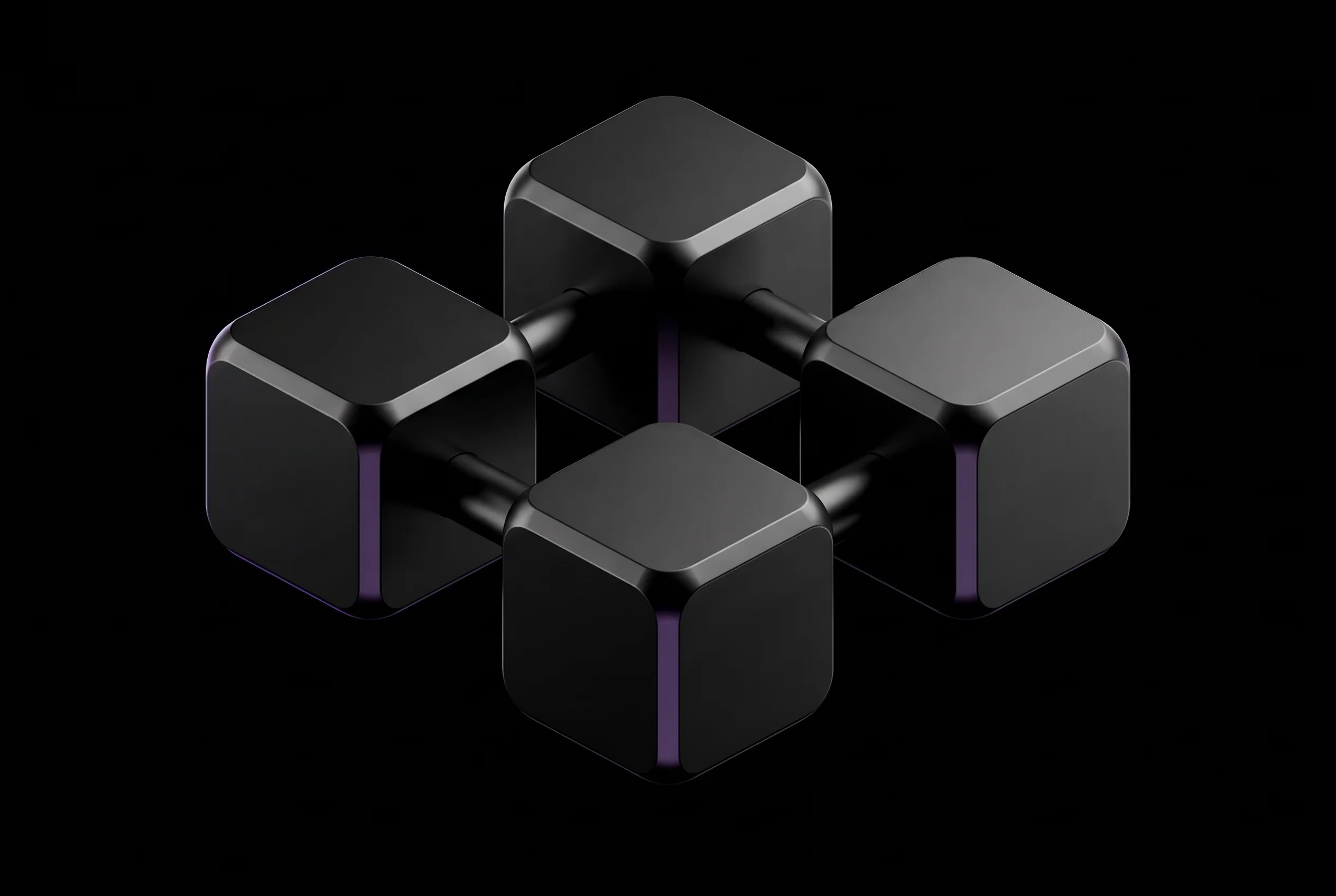 Abstract business systems service visual with structured dark geometry and purple accent lighting.