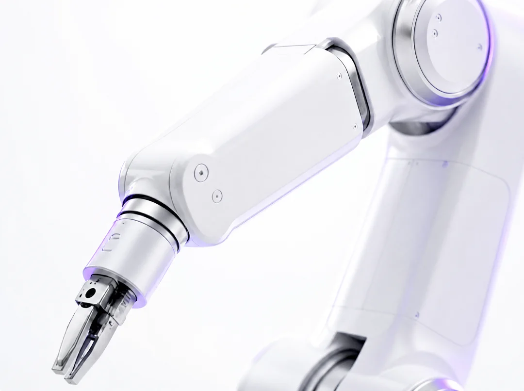 White anodized industrial robotic arm with a single amethyst rim light.